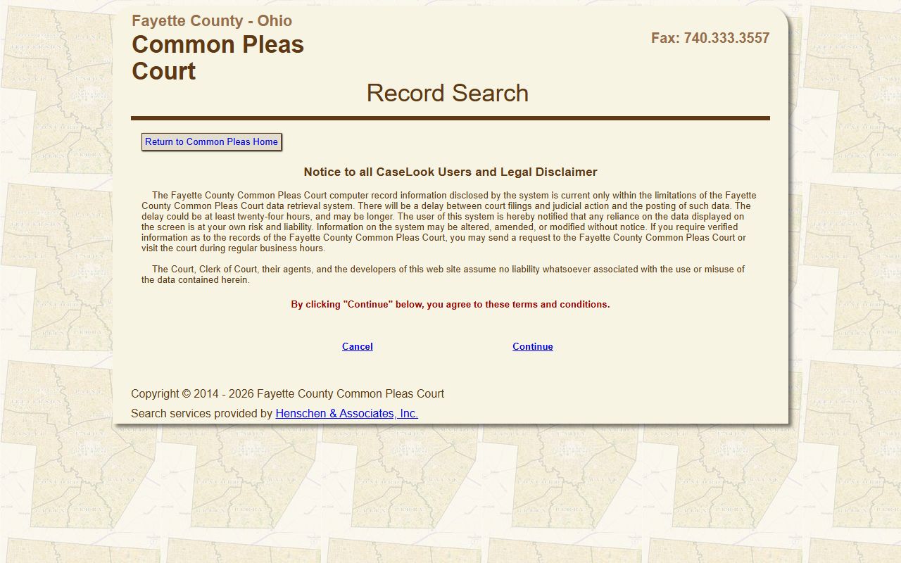 Fayette County Common Pleas CaseLook disclaimer screen