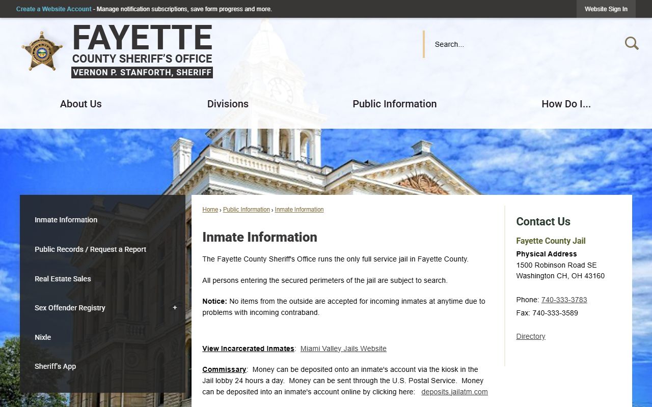 Fayette County Jail inmate information page for roster search and jail services