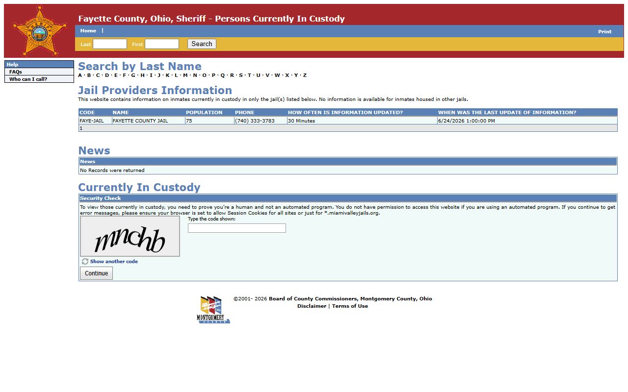 Fayette County inmate population roster provider table and search controls